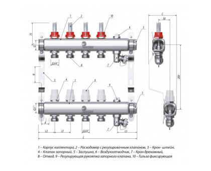 Коллектор нерж. Wester W902 1-3/4 в сборе с расходомерами на 9 выходов