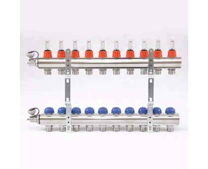 Колл.группа 1" х 10 вых 3/4" с расходомерами и термостатическими вентилями