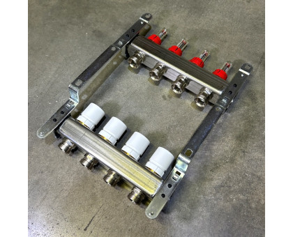 Коллекторная группа 1" Uni-Fitt 450Bнерж. сталь 4 выхода 3/4" с расходомерами и термостатическими вентилями без концевиков