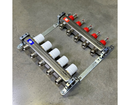 Коллекторная группа 1" Uni-Fitt 450Bнерж. сталь 5 выходов 3/4" с расходомерами и термостатическими вентилями без концевиков