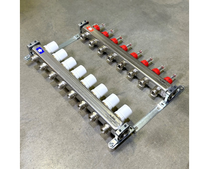 Коллекторная группа 1" Uni-Fitt 450Bнерж. сталь 8 выходов 3/4" с расходомерами и термостатическими вентилями без концевиков