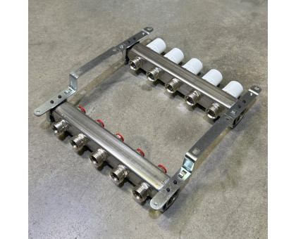 Коллекторная группа 1" Uni-Fitt 451B нерж. сталь с балансировочными и термостатическими вентилями без концевиков 5 выходов 3/4"