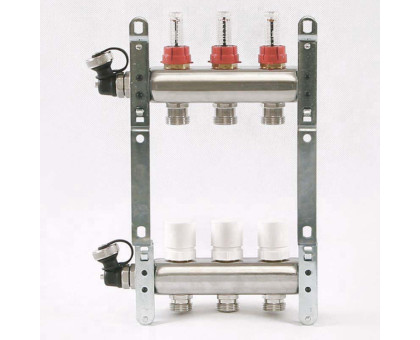 Коллекторная группа из нержавеющей стали с термостатическими вентилями и расходомерами UNI-FITT 1"x3/4"ЕК 3 выхода