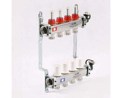Коллекторная группа из нержавеющей стали с термостатическими вентилями и расходомерами UNI-FITT 1"x3/4"ЕК 4 выхода