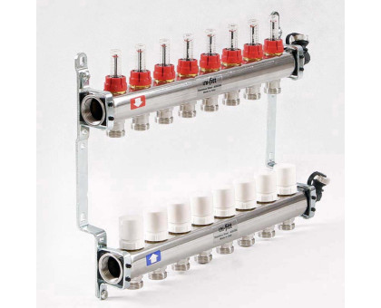 Коллекторная группа из нержавеющей стали с термостатическими вентилями и расходомерами UNI-FITT 1"x3/4"ЕК 8 выходов