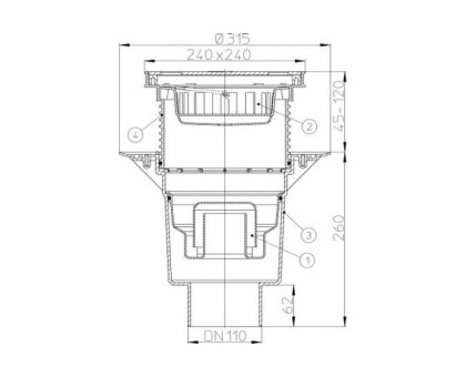 Дворовый трап Hutterer & Lechner Perfekt, верт. выпуск, с сифоном и решеткой из нерж.стали (до 1,5 т), DN 110 (Россия)